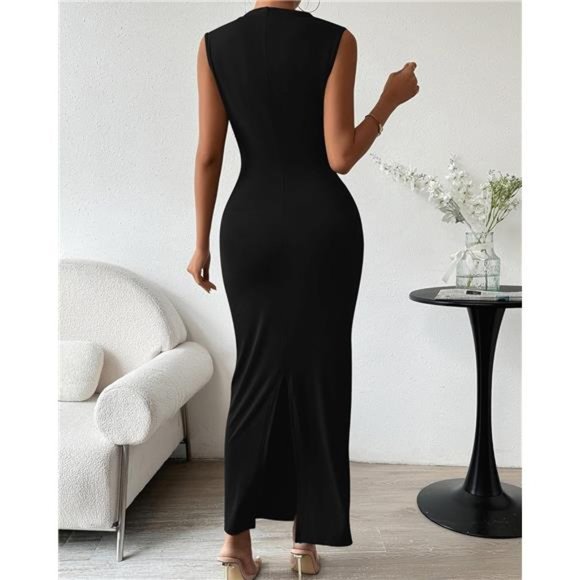 BTFBM Women's Ruched Bodycon Dress Summer Casual Sleeveless Back Slit Elegant - Picture 4 of 7